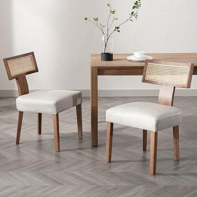 RIVOVA Upholstered Dining Chairs Set of 6 with Rattan Back, Modern Wooden Kitchen Chairs PU Leather Side Dining Room Chair Farmhouse Dinner Chair, Grey