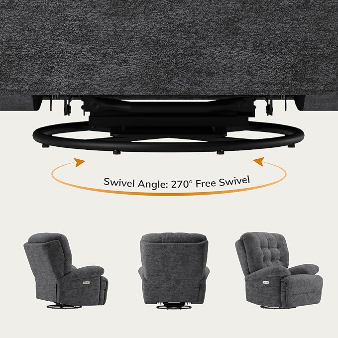COLAMY Floren Power Swivel Recliner Chair with USB & Type-c Charge,Oversized and Padded Upholstered Deep Seat and Armrest，Rocking Recliner with Double Storage Pockets,Dark Gray