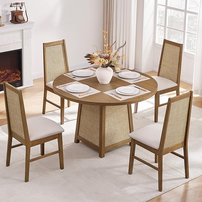 SICOTAS Wood Dining Chairs Set of 2 - Rattan Dining Room Chairs with Solid Wood Leg, Farmhouse Upholstered Kitchen Chairs High Back, Modern Armless Dining Chair for Dining Room, Kitchen, Oak, 2PCS
