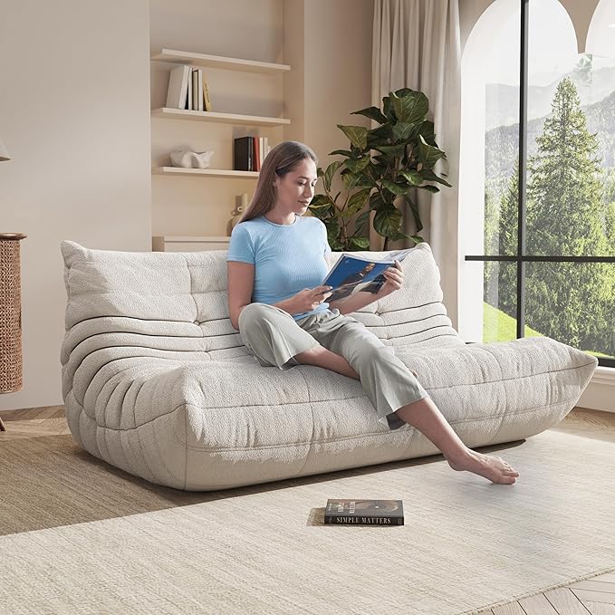 Bean Bag Chair, Oversized Bean Bag Chair for Living Room, Fireside Chair for Adults with Memory Foam Filled, Big Accent Lounge Floor Sofa for Reading, Relax, No Assembly Required. (Beige 3-Seater)