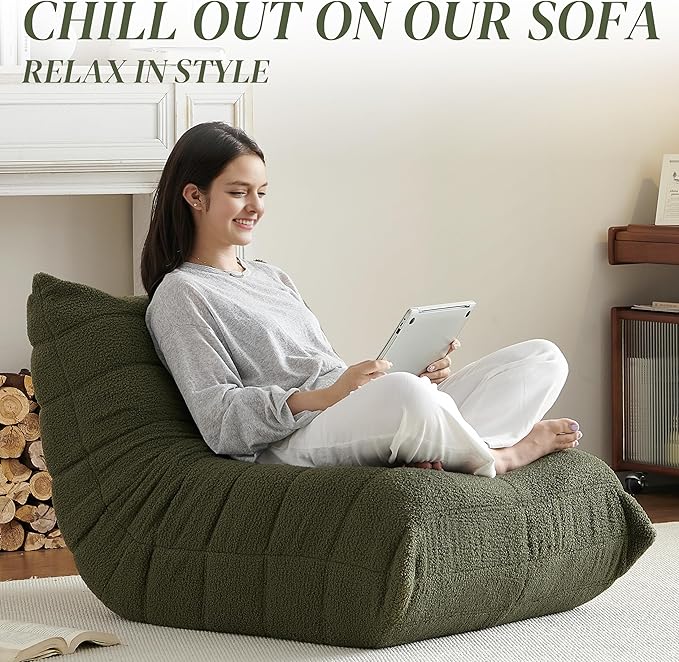 Bean Bag Chair, Fireside Chair Bean Bag Sofa for Adults, Bean Bag Chairs for Teens with High-Resilience Foam, Memory Foam & Non-Slip Base Bean Bag for Living Room, Bedroom, Office (Teddy, Green)