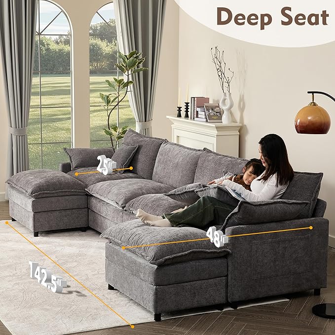 GOSUHI 142.5" U Shaped Couch, Modular Sectional Sofa, 3-Seater Comfy Cloud Couch with Movable Ottoman, Deep Seat Couches for Living Room, Chenille, Slate