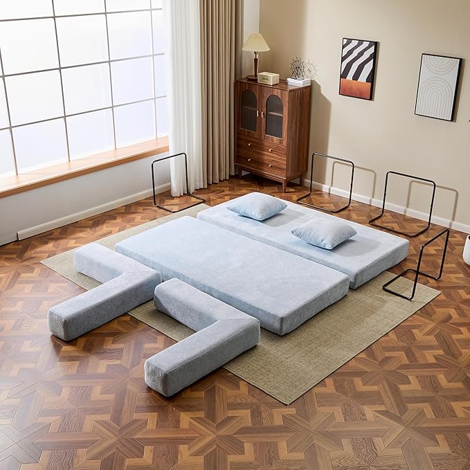 77" Convertible Foldable Floor Couch, 3-Seat Futon Sleeper Sofa for Living Room, Bedroom, or Apartment, with Pillow Backrest and Armrests, Chenille Fabric, No Assembly Required, Light Blue