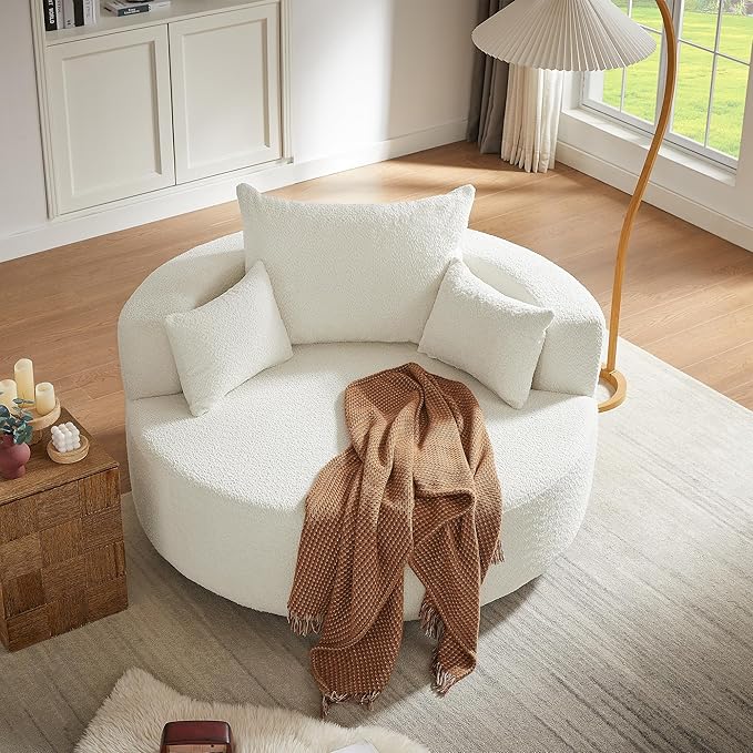 Merax 360° Swivel Chair, Chenille Fabric Accent Barrel Chair, Swivel Round Sofa Chair with 3 Removable Pillows for Living Room, Bedroom, Office and Hotel, Beige