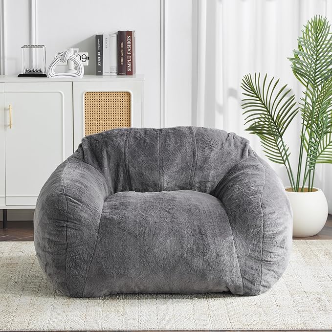 Indoor Bean Bag Chair,Faux Fur Lounge Seat with Shredded Memory Foam Fill – Ergonomic, Eco-Friendly, Comfort Space-Saving Floor Seating for Bedroom Dorm Apartment Living Room,Gray