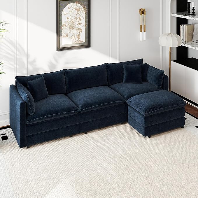 Aoowow Modular Sectional Sofa Modern Convertible L Shaped Couch,112.2 Inch Deep 3-Seater Sofas Set Comfy Chenille Cloud Sofas and Couches with Movable Ottoman for Living Room Apartment（Blue）