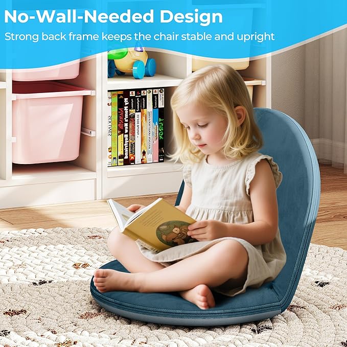 2 Pcs Floor Chair, Meditation Chair, 5-Position Folding Chair with Adjustable Back, Soft Sponge & Velvetean Cover, for Adults and Kids, Indoor Outdoor Use, Meditation, Gaming, Camping, Blue