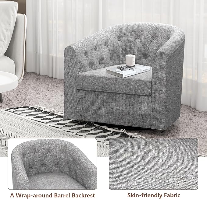 Simore Swivel Barrel Accent Chair Set of 2, Comfy Fabric Round Swivel Cuddle Chair for Nursery Living Room Bedroom Office, Gray