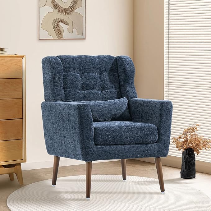 QKFF Modern Accent Chair, Upholstered Armchair with Pillow, Fabric Single Sofa Chair with Lounge Seat and Wood Legs Accent Chair for Living Room Bedroom Small Spaces (Dark Blue)