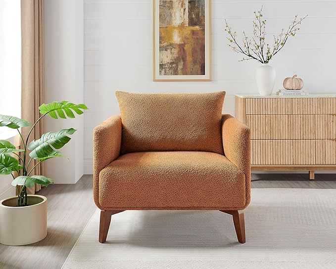 Oversized Accent Chair, 37" Wide Boucle Armchair with Solid Wood Legs, Upholstered Lounge Chair for Bedroom Office, Modern Accent Chair for Living Room, Cozy Reading Chair, Easy Assembly, Curry
