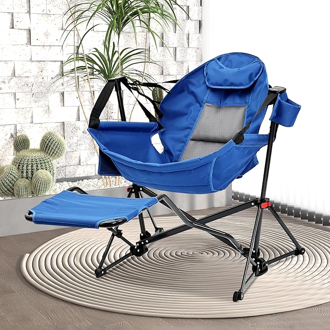 GDY Camping Chairs, Oversized Hammock, Folding Rocking Chairs, Adjustable Back Swing Chairs, Cup Holder, Outdoor Beach Lawn, Navy Blue.