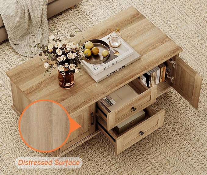 WAMPAT Oak Coffee Table with Drawer & Storage Cabinet, Farmhouse Rustic Center Table for Living Room, Rectangle Wooden Cocktail Table Tea Table for Home, Office