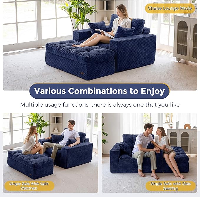 MAXYOYO Modular Sectional Chaise Lounge Sofa, Upholstered Lounge Chair with Ottoman, Comfy Couch with Layered Cushion, Tufted Upholstered Sleeper Chair for Living Room, No Assembly, Navy