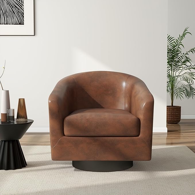 Swivel Barrel Chair, Modern Round PU Leather Accent Armchair for Living Room, Bedroom, Oversized Comfy Club Reading Chairs for Adults (Leather Coffee, Set of 1)