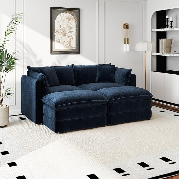 Aoowow Modular Sectional Sofa Modern Convertible Loveseat Couch,77.16 Inch Deep 2-Seater Sofas Comfy Chenille Cloud Sofas and Couches Set with 2 Movable Ottoman for Living Room Apartment（Blue）