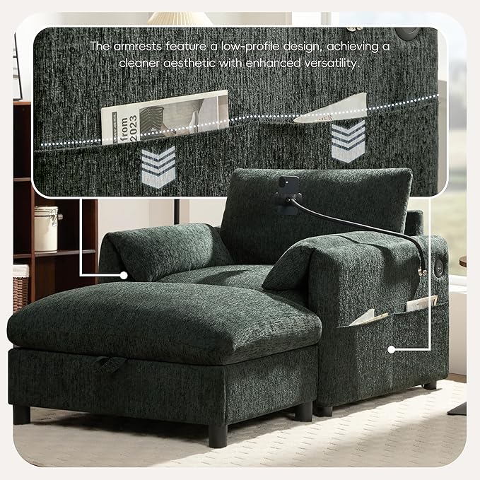 Chenille Single Sofa with Storage Ottoman, Adjustable Phone Holder, USB Charger, Side Storage Pockets, Pillow-Like Armrests, Wide Seat Chaise Lounge for Living Room & Apartment, 4 Colors