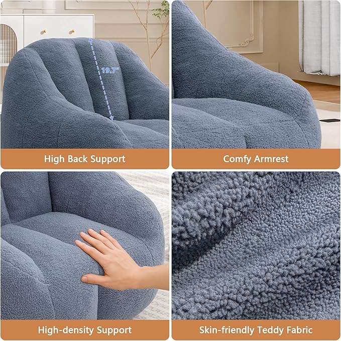 Setawix Bean Bag Chair with Filler, Comfy Teddy Bean Bag Chairs for Adults and Kids, Cozy BeanBag Sofa Fully Floor Couch with Memory Foam for Living Room Bedroom,Light Blue