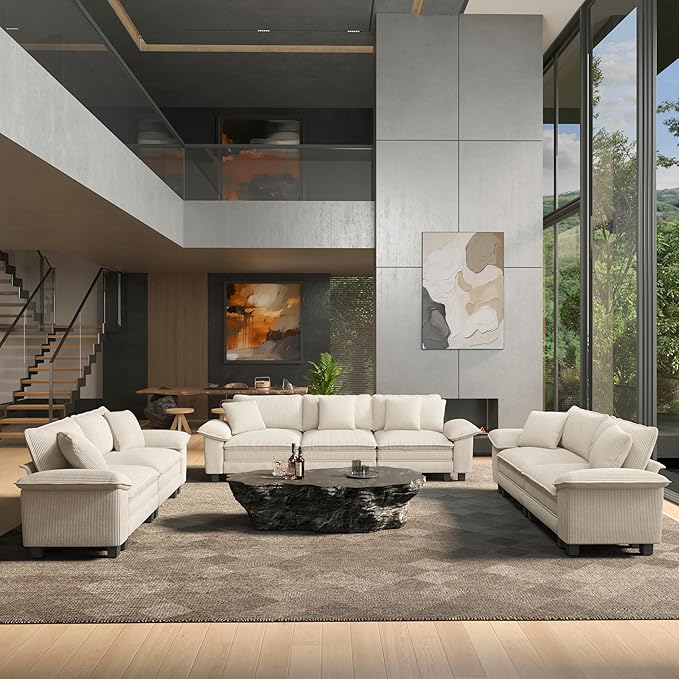 HERA'S HOUSE 3 Pieces Modular Sectional Sofa Sets, Oversized Couch Set with Loveseat and Armchairs, Comfy Cloud Couches with Throw Pillows, 5-Seater Deep Seat Sofa for Living Room, Corduroy Beige