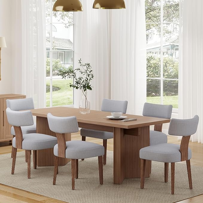 RIVOVA Linen Dining Chairs Set of 6, Modern Dining Chair with Wood Legs, Upholstered Dining Chairs for Dining Room, Kitchen, Vanity, Living Room, Grey