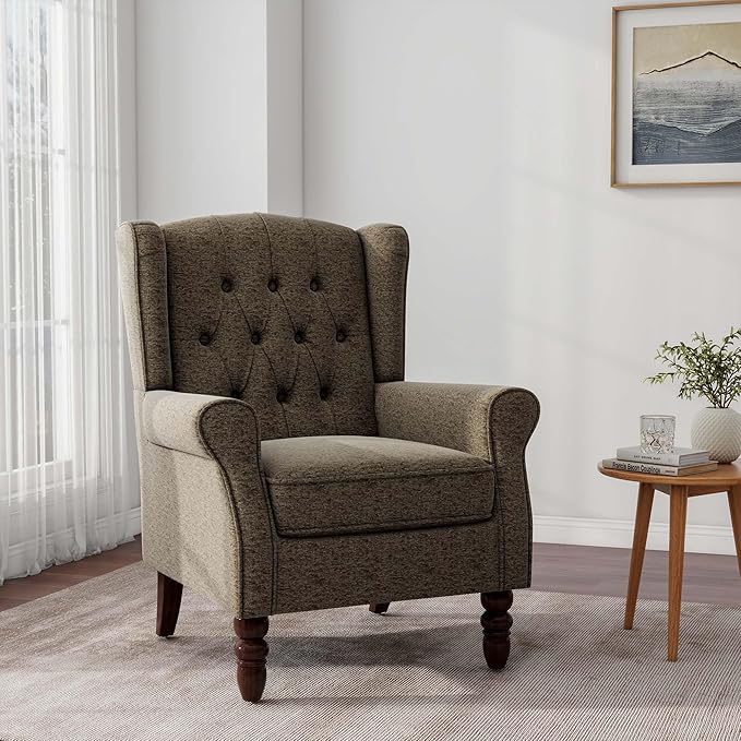 DREAMSIDEA Accent Chair, Upholstered Armchair with Button Tufted High Back & Solid Wood Legs, Comfy Wingback Reading Single Sofa Chair for Small Spaces, Living Room, Bedroom (Taupe, Set of 2)