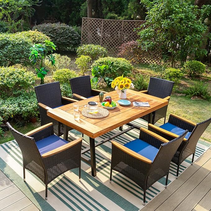 Sophia & William Rattan Patio Chairs Set of 6, 6 Pcs Wicker Outdoor Dining Chairs with Seat Cushions & Wood Armrest