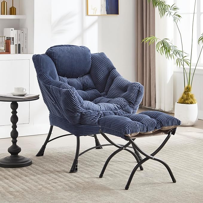 KEIKI Accent Chair with Storage & Ottoman, Flannelette Reading Corner Lazy Chairs w/Steel Frame, Comfy Lounge Arm Chair W/Footrest, Leisure Sofa Armchair for Living Room, Easy Assembly, Navy Blue