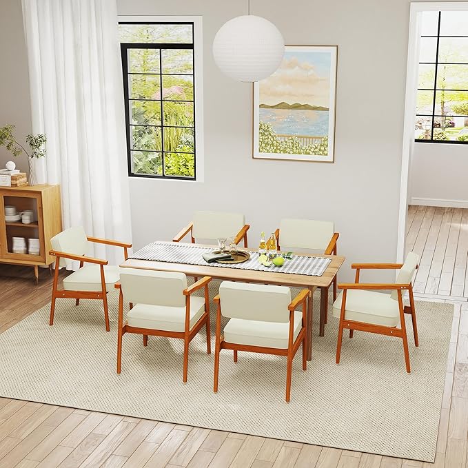 LSSPAID Mid Century Dining Chairs Set of 1, Beige Linen Fabric Upholstered Armchair with Wooden Handrail, Comfy Backrest Modern Kitchen Chairs for Bedroom Living Room Dining Room