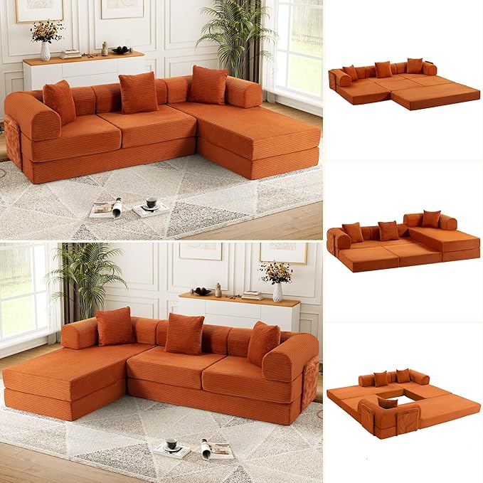 106.3" Oversized Convertible Sleeper Sofa Bed, L Shape Modular Sectional Cloud Sofa with Fixed-Shape Frame, Boneless Couch with Storage Pocket for Living Room, No Assembly Required, Orange