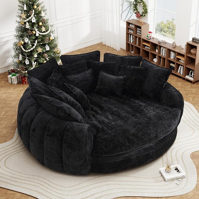 82'' Oversized Upholstered Sofa Bed, Round Chaise Lounge Chair Indoor, Modern Chenille Boneless Couch, No Assembly Required, Plush Sleeper Chair with 14 Pillows for Living Room, Black