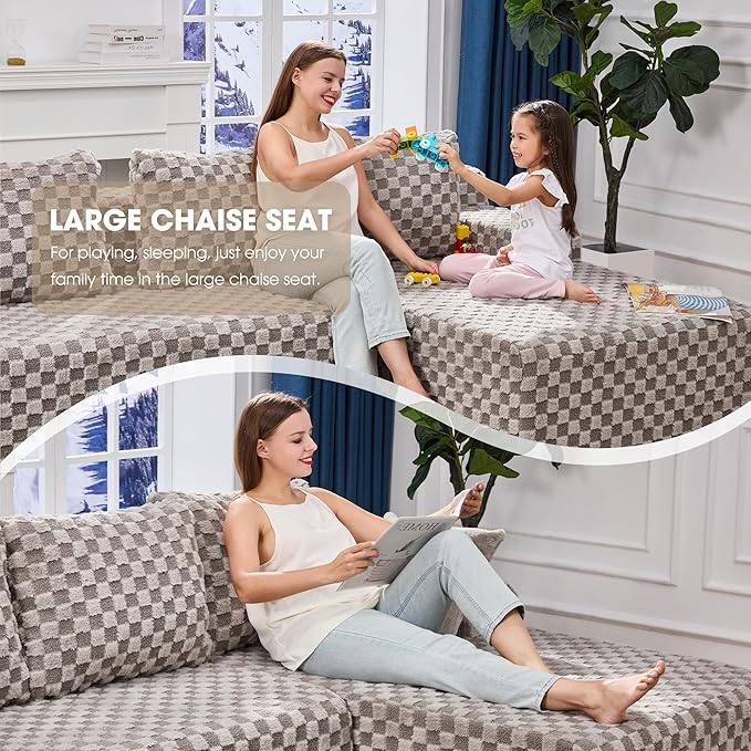 Modular Sectional Sofa Couches L-Shape Couch 3 Seat Modular Sofa Memory Foam Sectional Couches for Living Room, Cloud Couch with Oversized Chaise (Grey Check, 96" Right Facing Chaise)