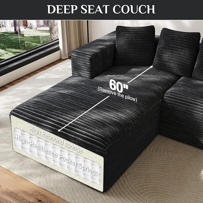 Modular Sectional Sofa, 107" L Shaped Cloud Couch Plush Corduroy Deep Seat Boneless Sofas with 5 Pillows Long Chaise Lounge Couches Memory Foam for Living Room - Dark Grey, Left Facing Chaise