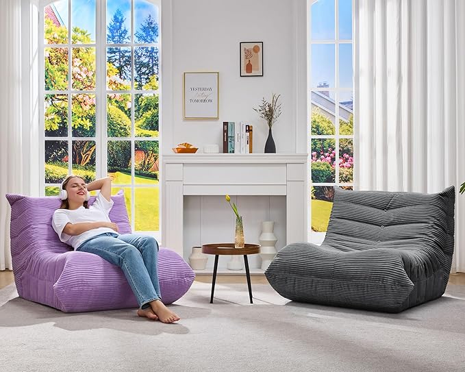 Bean Bag Chairs for Adults Giant Bean Bag Chair Memory Foam BeanBag Chair Bean Bag Sofa with Filler Faux Fur Fireside Beanbags Lazy Sofa for Living Room Bedroom Office (Purple Corduroy, Single)