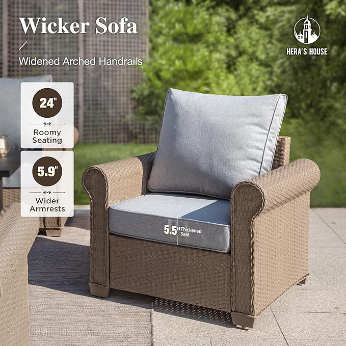 HERA'S HOUSE 5-Piece Patio Furniture Set, All Weather 7 Seats Outdoor Wicker Sofa with Ottomans, Rattan Patio Conversation Set with 5.5" Thick Cushions and 44” Coffee Table, Grey