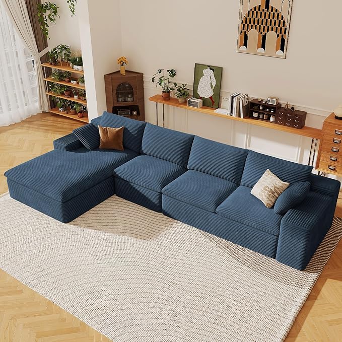 136" Cloud Sectional Couch with L-Shape Chaise, Modern Corduroy Viral Boneless Sofa for Living Room,Memory Foam Couches in a Box with Deep Seat,No Assembly Required (Blue,Left-Facing Chaise)