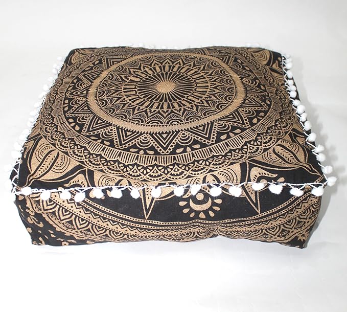 CRAFT KALA 18" Square Large Hippie Mandala Meditation Floor Ottoman Pillow Cushion Pouf Cover Square Poufs Bohemian Circle Floor Cushion Case Outdoor Fireplace Yoga Living Room Decor Cover Black Gold