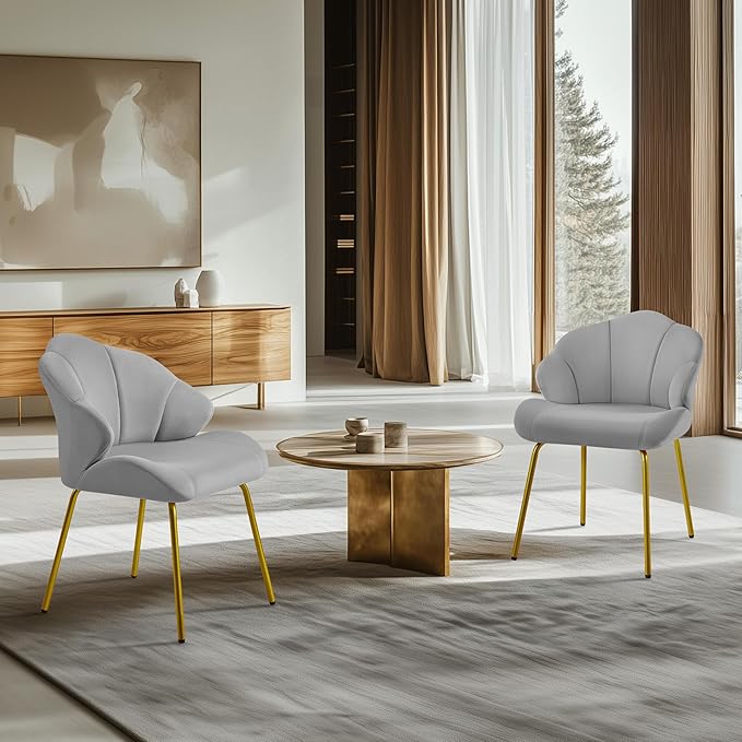 Yaheetech Vanity Chair, Velvet Accent Chair with Shell-Shaped Backrest, Modern Armchair with Gold Metal Legs for Dressing Room/Bedroom/Living Room, Light Gray