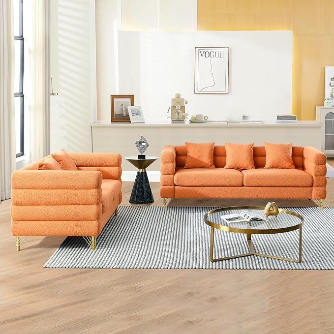 mikibama Luxury Teddy Sofa Set for Living Room, Modern Decor Furniture Sectional Sofa, 3 Seater Couch and Loveseat with 5 Pillows for Apartment, Office, Hall (Orange)