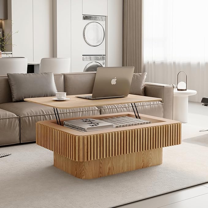 FGXJY Lift Coffee Table with Storage & Adjustable Height, Solid Wood Coffee Table Fluted Center Table Accent Tea Table or Living Room, Apartment, Office (38.6" Natural)