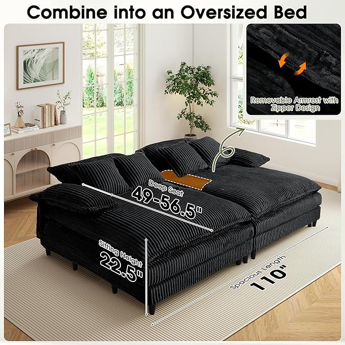 54.8" W Oversized Chaise Lounge Chair Indoor with 5-Position Adjustable Backrest, Corduroy Sleeper Sofa Bed with 3 Pillows, Modern Cloud Couch Chair for Living Room, Bedroom, Black