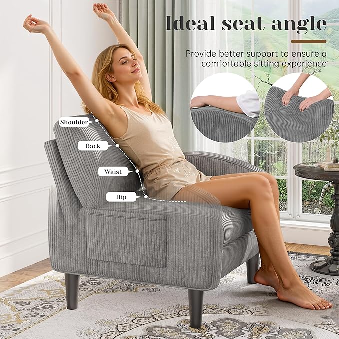 Accent Chair,Comfy,Mid-Century,2 Side Pockets,Armchair,Upholstered Bedroom Chair for Apartment,Waiting Room,Grey