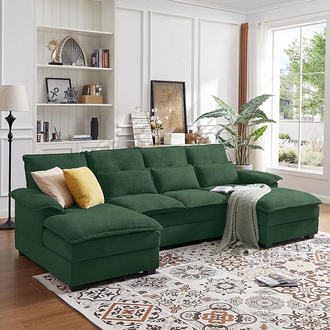 Jarenie 110" Convertible Sectional Sofa, U Shape Cloud Couch, Comfy Couches with Double Chaise and Sleepable Armrests, 4 Seats Sectional Couches for Living Room, Green