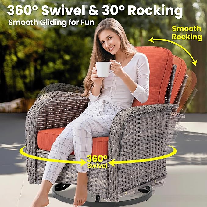 ovios 9 Pieces Patio Furniture Set, Outdoor Wicker Sofa Couch with Rocking Swivel Chairs Solar Lights Table, Modern Deep Seat Rattan Conversation Sets for Deck Porch, Orange Red