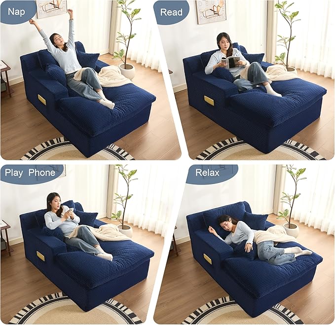63" Oversized Boneless Chaise Lounge Chair, Extra Cloud Layer, Convertible Sleeper Sofa Couch with Removable Pillows & Side Pockets, Corduroy Upholstered Sofa Bed with Armrests for Living Room, Blue