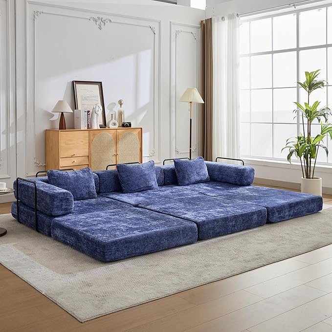 79" Convertible Sofa Bed with Pillows, Corduroy Folding Sleeper Sofa with Fixed-Shape Frame, Boneless Couch for Living Room Bedroom, Floor Sofa Lounge No Assembly Required (Modular Sofa - Blue)