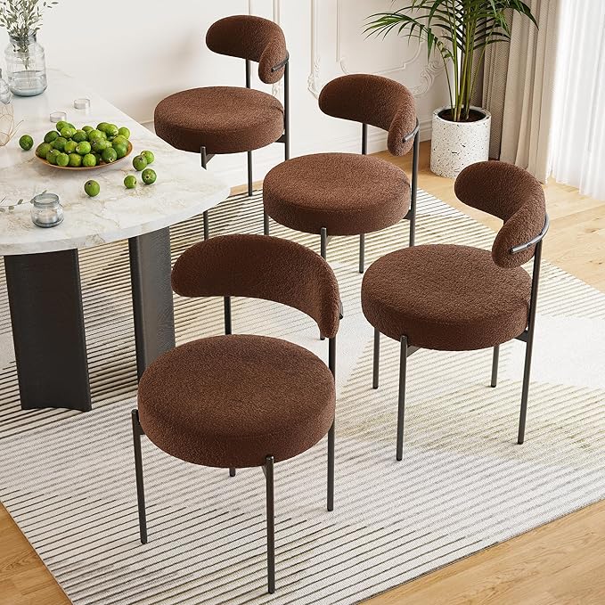 Farini Dining Chairs Set of 4,Mid-Century Modern Kitchen Chair Curved Backrest Round Upholstered Sherpa Dining Chairs with Metal Legs,Coffee