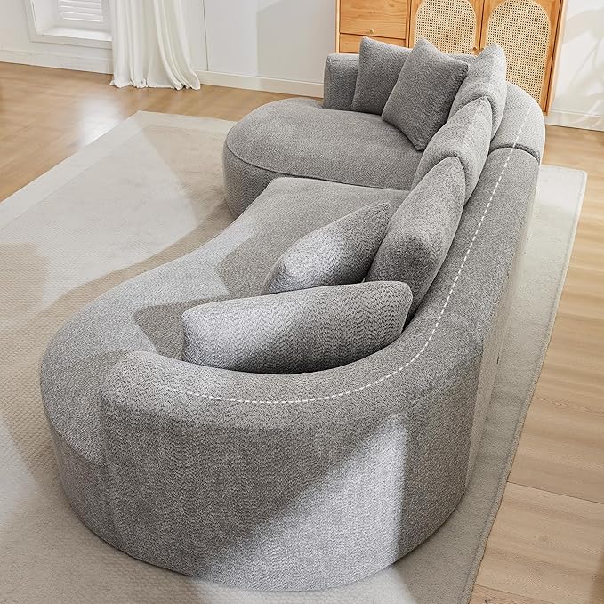 Opiesit 124" Oversized Boneless Couches for Living Room, Sectional Curved Sofa with 7 Pillows, L-Shape Boneless Couch with Deep Seat, High-Density Memory Foam, No Assembly Required, Chenille (Grey)