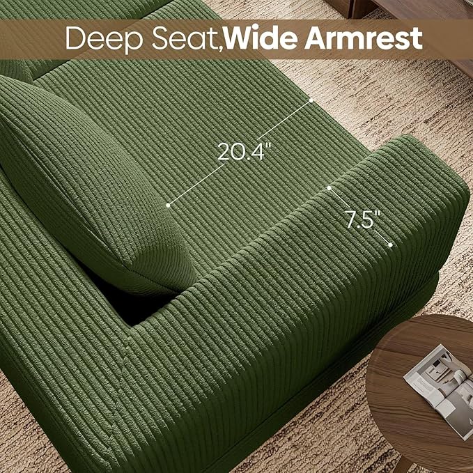 L-Shaped Corduroy Modular Sectional Couch, Modern Floor Couch Sofa for Apartment Living Room, Convertible Sleeper Sofa Bed with 3 Pillows, No Assembly Required, Green