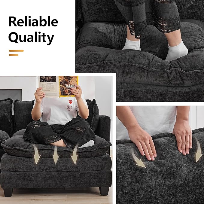 147'' Modualr Sectional Cloud Deep Seat Couch, Oversized Chenille U Shaped Sectional Sofa for Living Room Set, Comfy Upholstered Modular Sectional Sofa Couch with 2 Movable Ottoman, Dark Grey