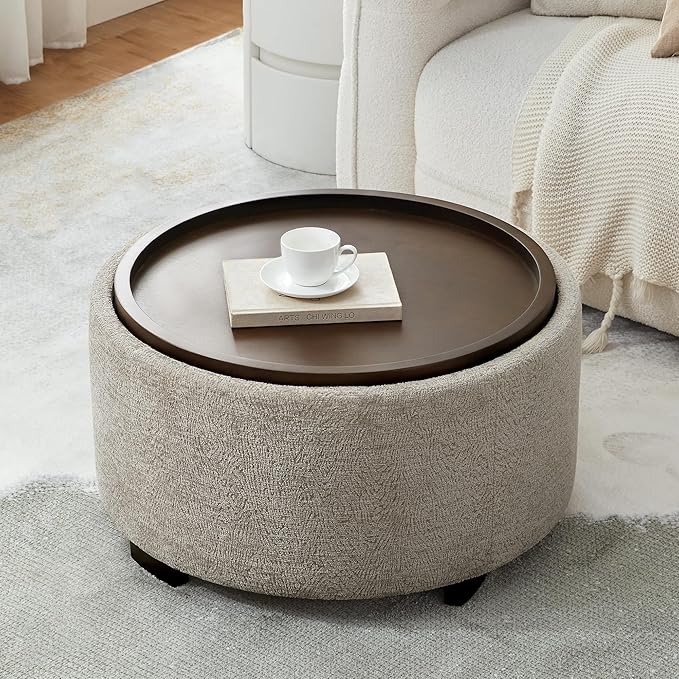 30 Inch Round Storage Ottoman, Ottoman Coffee Table with Lift Off Lid, Boucle Modern Ottomans with Storage for Living Room, Bedroom, Apartments (Light Brown Striped)