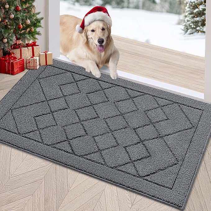 REFETONE Indoor Doormat, Front Back Door Mat 20"x32" Rubber Backing Non Slip Mats, Absorbent Washable Entrance Doormat for Entryway, Resist Dirt Low-Profile Inside Floor Mats for Muddy Shoes, Grey